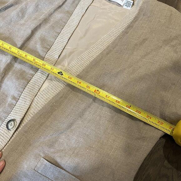 Vintage 80s 90s Beige Linen Campus Cardigan Jacket  Minimalist Earthtone Grandpa - Picture 7 of 9